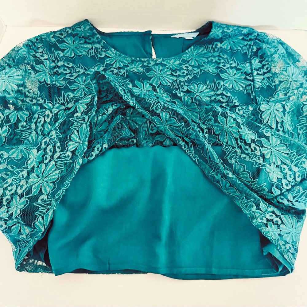 Draper James Green Floral Lace Pull Over Blouse Lined Sheer 3/4 Sleeves - Picture 6 of 15